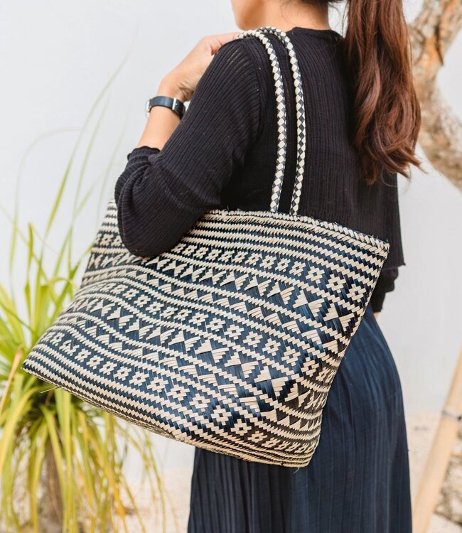 Boho Tote Bag – Zeegras Zomertas – Schouder Strandtas – Geweven Natuurlijke Tas – Grote Boho Boodschappentas KIDUL (zwart)