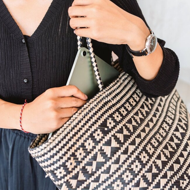 Boho Tote Bag – Zeegras Zomertas – Schouder Strandtas – Geweven Natuurlijke Tas – Grote Boho Boodschappentas KIDUL (zwart)