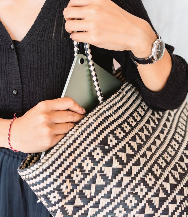 Boho Tote Bag – Zeegras Zomertas – Schouder Strandtas – Geweven Natuurlijke Tas – Grote Boho Boodschappentas KIDUL (zwart)