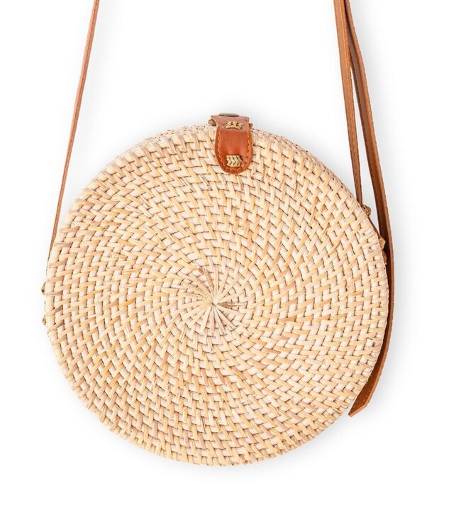 Ronde rotan tas beige handgemaakte crossbody tas met synthetische lederen riemen schoudertas Boho Bali tas SENJA (natuurlijk)