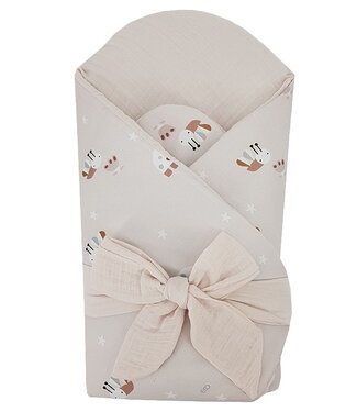 EkoKids Bedrukte Katoen+Mousseline Wikkeldoek met Kokos BIJEN/BEIGE