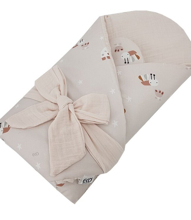 Bedrukte Katoen+Mousseline Wikkeldoek met Kokos BIJEN/BEIGE