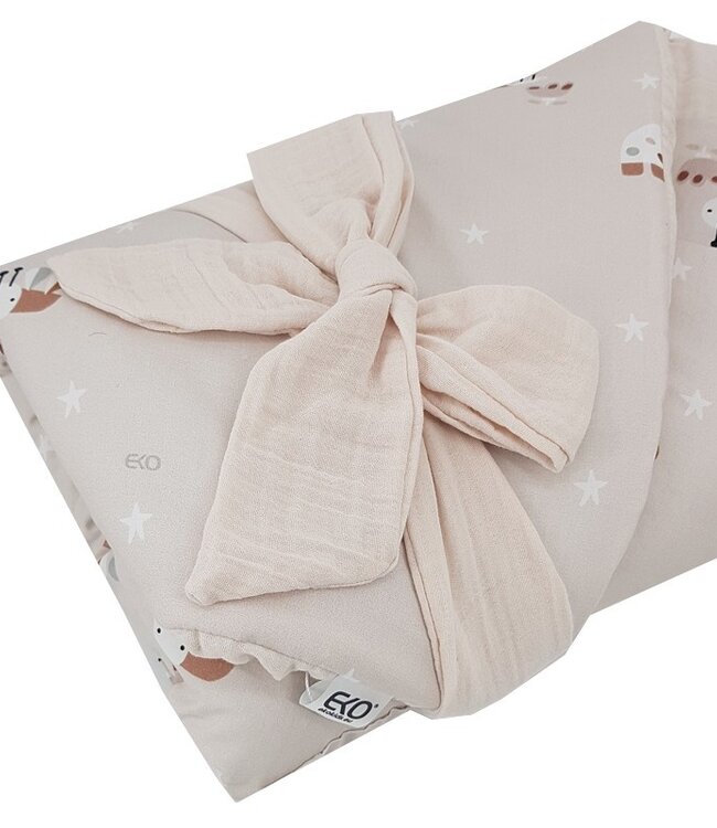 Bedrukte Katoen+Mousseline Wikkeldoek met Kokos BIJEN/BEIGE