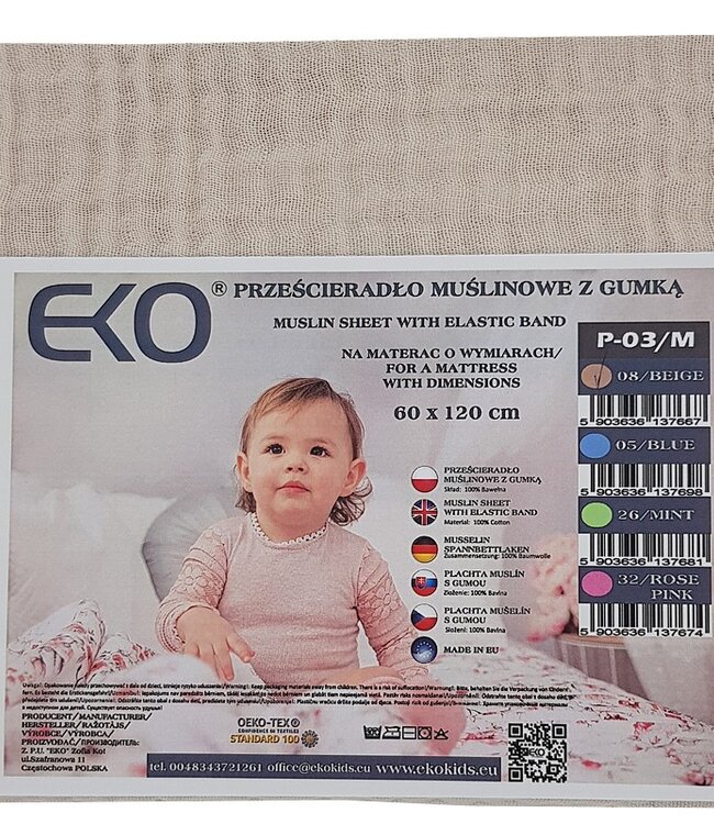 Mousseline hoeslaken met elastiek 120 x 60 cm blauw