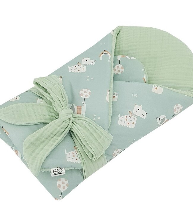 Bedrukt katoen- en mousseline-inbakerdoek met kokos HONDEN/MUNT