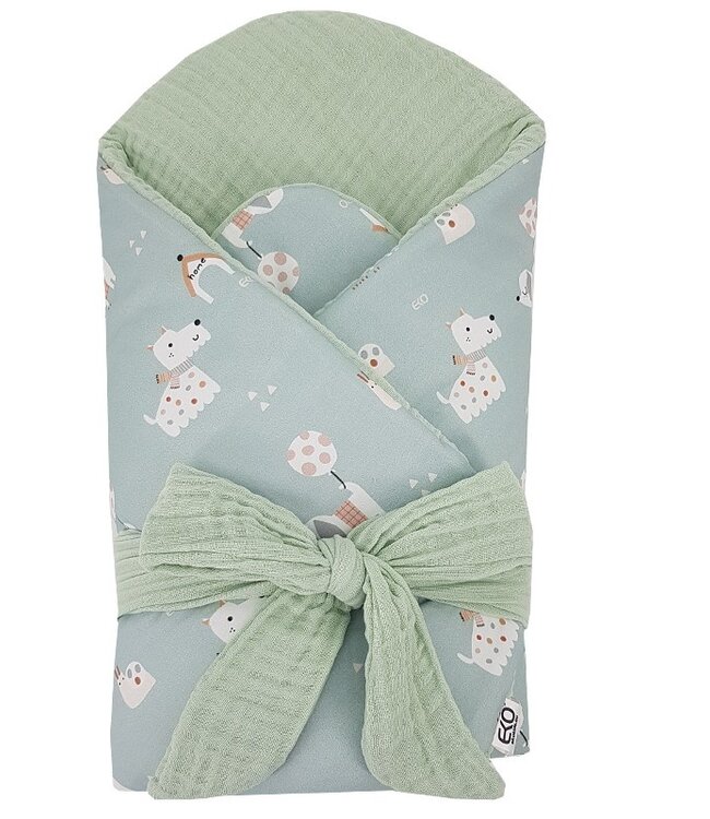 Bedrukt katoen- en mousseline-inbakerdoek met kokos HONDEN/MUNT