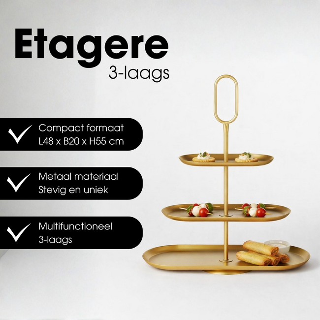 Mica Decorations Rama Metal Tiered Serving Stand - Gold - 3 Tiers - L48 × W20 × H55 cm