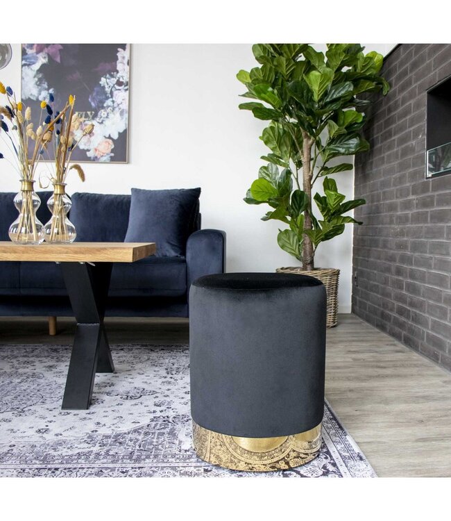 Gamby Poef - Fluweel, Staal, Zwart - Ø34x43 cm