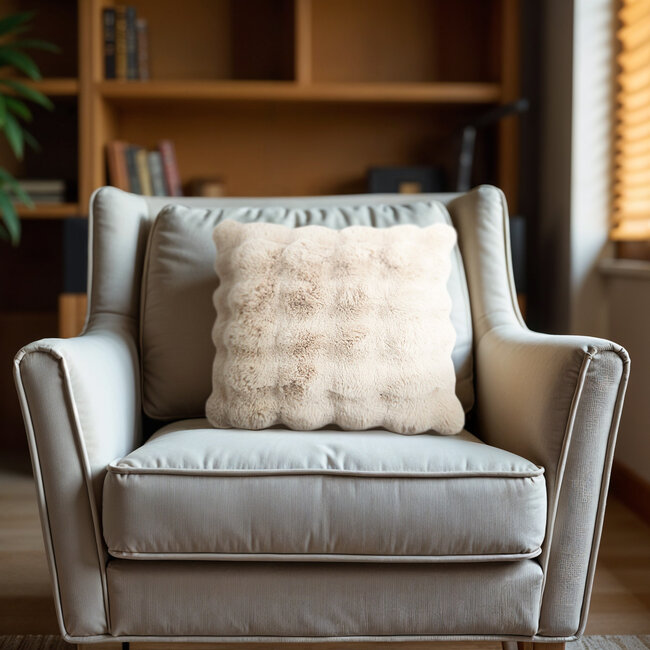 Pom konijnenbont sierkussen beige 50 x 50