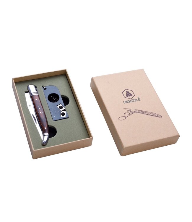 Laguiole - Zakmessenset met sleutelhangerslijper - RVS, Pakkahout - Handig voor buitenactiviteiten - Mooie geschenkverpakking - RVS