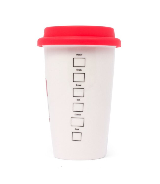 Keramische mok met siliconen deksel "Hello - My Name Is"