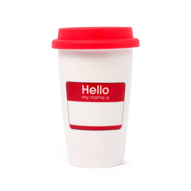 Keramische mok met siliconen deksel "Hello - My Name Is"