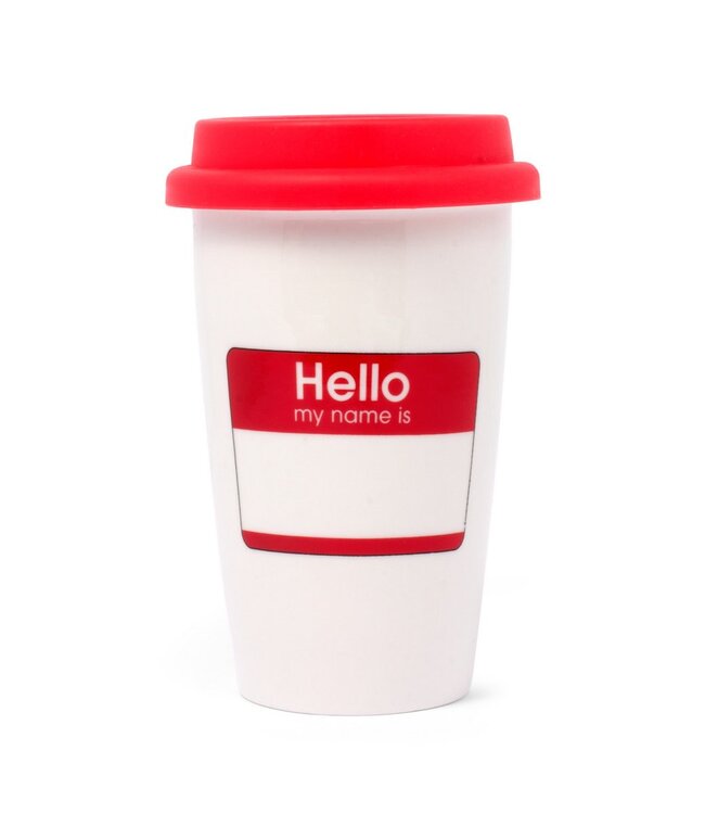 Keramische mok met siliconen deksel "Hello - My Name Is"