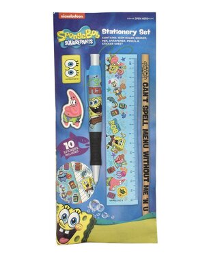 Mad Monkey SpongeBob SquarePants schrijfset, 6-delige schrijfset met pen, gum, liniaal & Co., ideaal cadeau-idee voor alle SpongeBob-fans