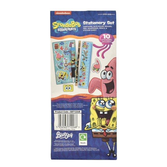 SpongeBob SquarePants schrijfset, 6-delige schrijfset met pen, gum, liniaal & Co., ideaal cadeau-idee voor alle SpongeBob-fans