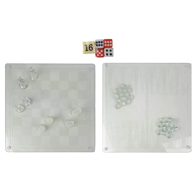 Glas-Spieleset (3-in-1) - Schach, Backgammon, Dame