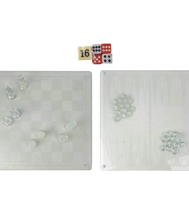Glazen Spellenset (3-in-1) - Schaken, Backgammon, Checkers