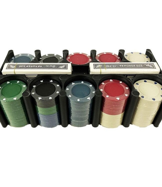 Pokerset 200 pokerchips - inclusief kaarten, pokermat en dealer, big blind en small blind