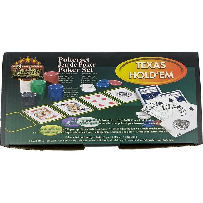 Pokerset mit 200 Chips, Karten, Pokermatte sowie Dealer-, Big-Blind- und Small-Blind-Buttons