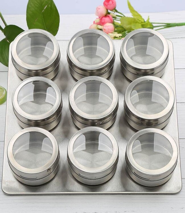 Kruidenrek Magnetisch - 9 RVS Kruidenpotjes