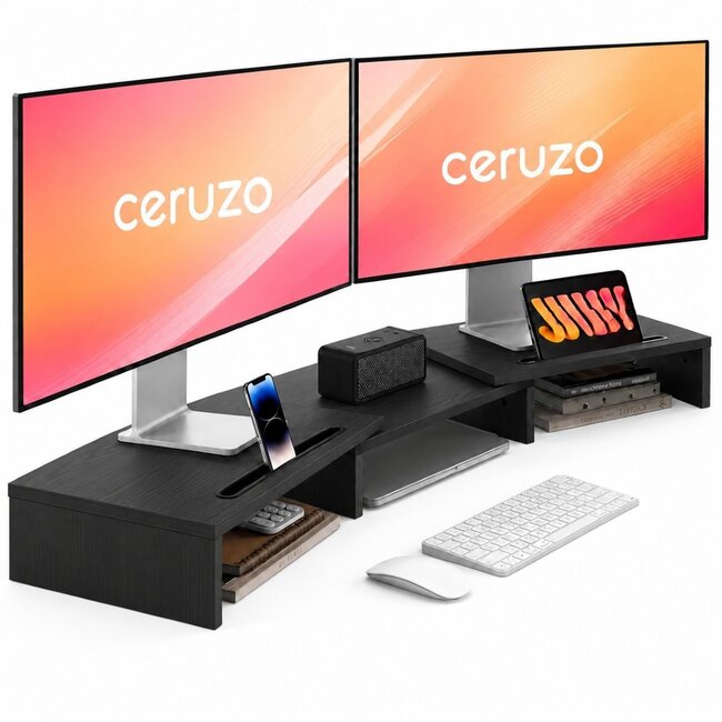 Monitor Standaard - Zwart - Verstelbaar - Verhoger voor 2 Schermen
