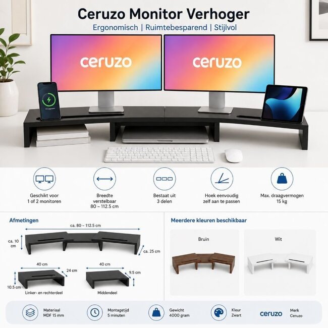 Monitor Standaard - Zwart - Verstelbaar - Verhoger voor 2 Schermen