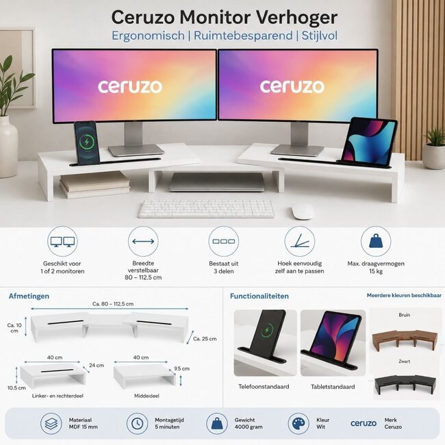 Monitor Standaard - Wit - Verstelbaar - Verhoger voor 2 Schermen