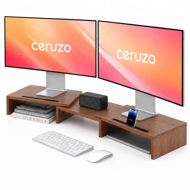 Monitor Standaard - Bruin - Verstelbaar - Verhoger voor 2 Schermen