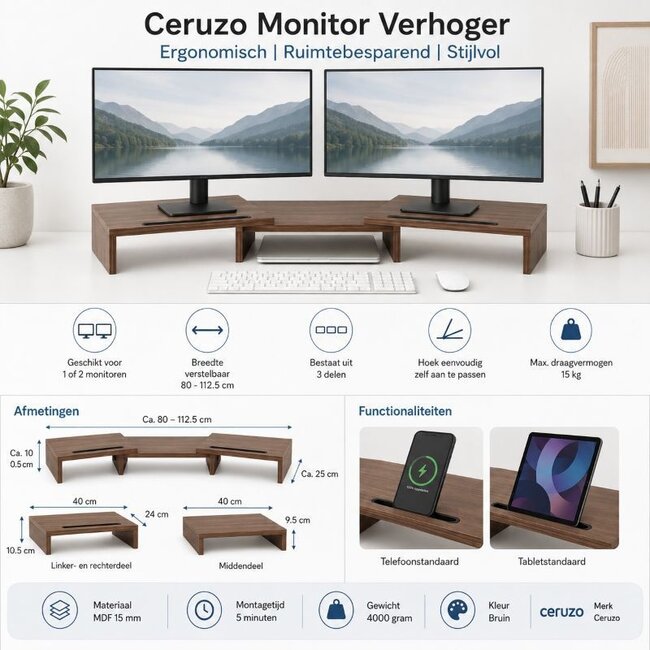 Monitor Standaard - Bruin - Verstelbaar - Verhoger voor 2 Schermen