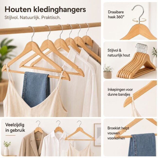 15 Houten Kledinghangers - Naturel