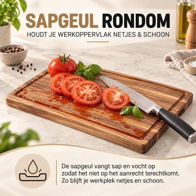 Ceruzo Acacia Wooden Cutting Board 38x25x2.5 cm - with Juice Groove and Handles