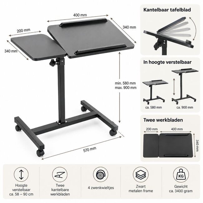 Laptoptafel - Hoogte en Hoek Verstelbaar - 60x40x90 cm