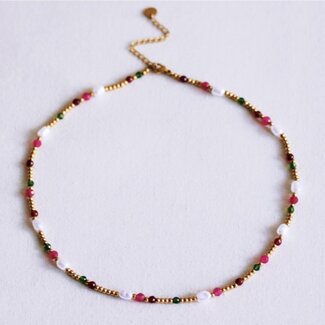 Koning Bamboe Beaded necklace with pearls and faceted beads - green/fuchsia/red