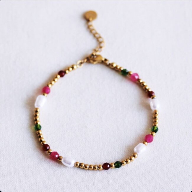 Koning Bamboe Beaded necklace with pearls and faceted beads - green/fuchsia/red