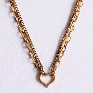 Koning Bamboe Double chain necklace with open heart - gold