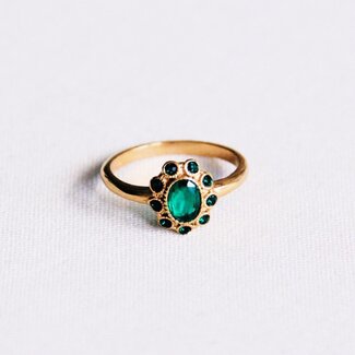 Koning Bamboe R612 Stainless Steel Vintage Ring with Green Stones - Gold