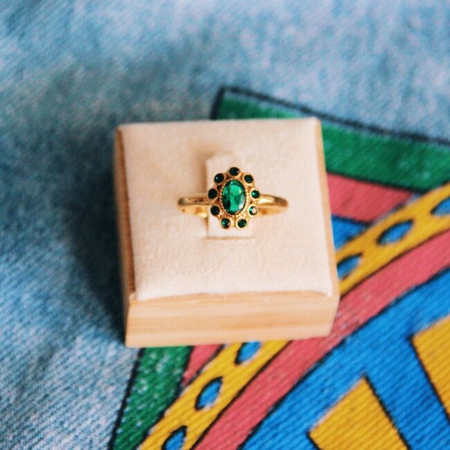 Koning Bamboe R612 Stainless Steel Vintage Ring with Green Stones - Gold