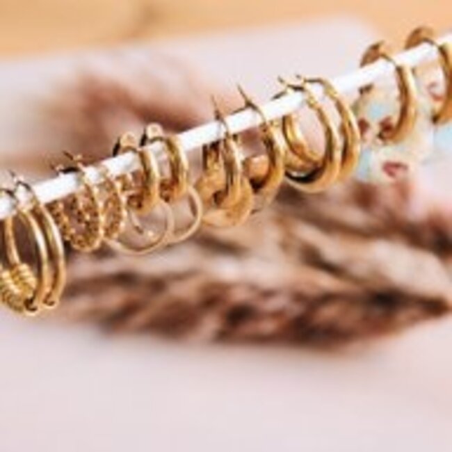 Koning Bamboe EA504 Stainless Steel Beaded Hoop Earrings - 14 mm - Gold