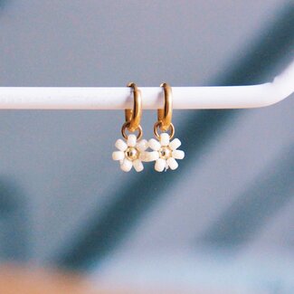 Koning Bamboe SS382 Edelstahl-Creolen mit Gänseblümchen - Creme/Gold