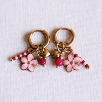 Koning Bamboe Edelstahl-Kreolen mit rosa Blume, Mini-Herz und Steinen - Rosa