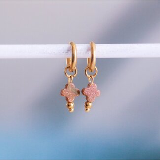 Koning Bamboe Stainless steel hoop earrings with clover - brown