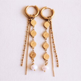 Koning Bamboe Stainless Steel Hoop Earrings with Coins, Pearl and Cords