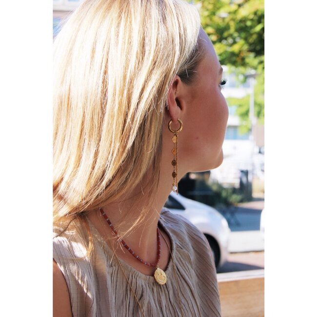 Koning Bamboe Stainless Steel Hoop Earrings with Coins, Pearl and Cords