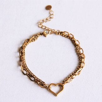 Koning Bamboe Double link bracelet with open heart - gold