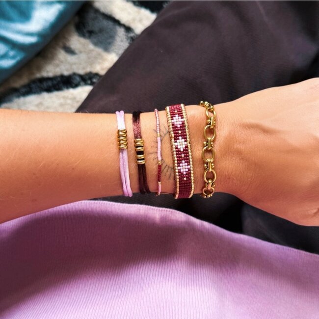 Satijnen armband met ringen - donkerbruin/goud