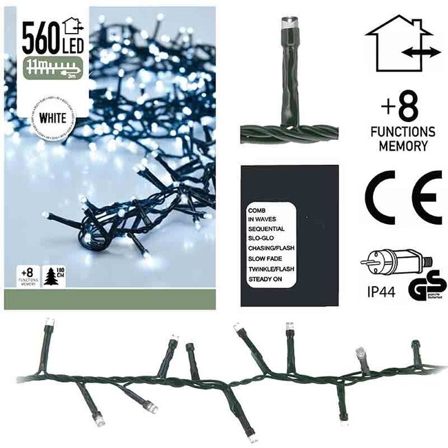 Micro-Cluster-LED-Lichterkette - 560 LEDs, 11 m, Weiß, 8 Funktionen und Speicher