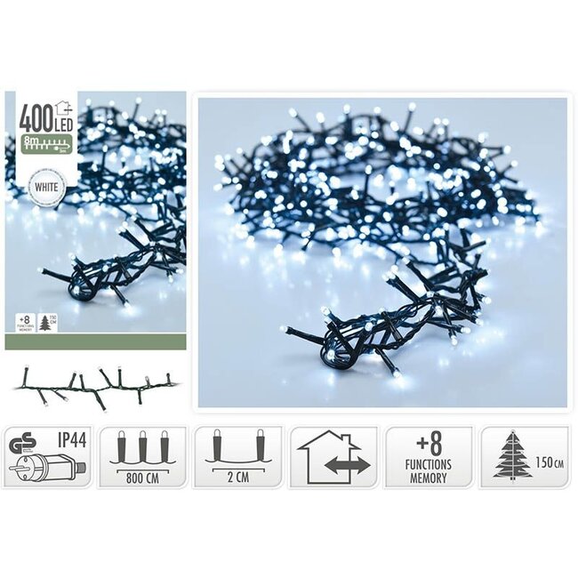 Micro-Cluster-LED-Lichterkette - 400 LEDs, 8 m, Weiß, 8 Lichtfunktionen und Speicher