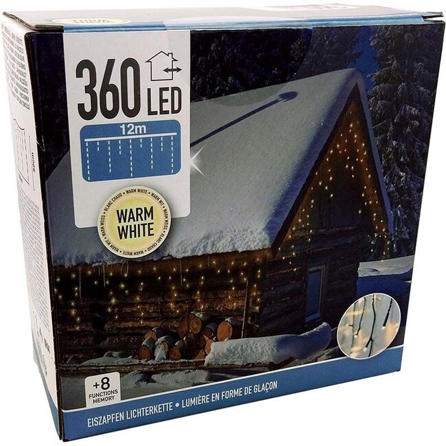 LED-Eiszapfen-Lichterkette - 360 LEDs, 12 m, Warmweiß, 8 Lichtfunktionen und Speicher