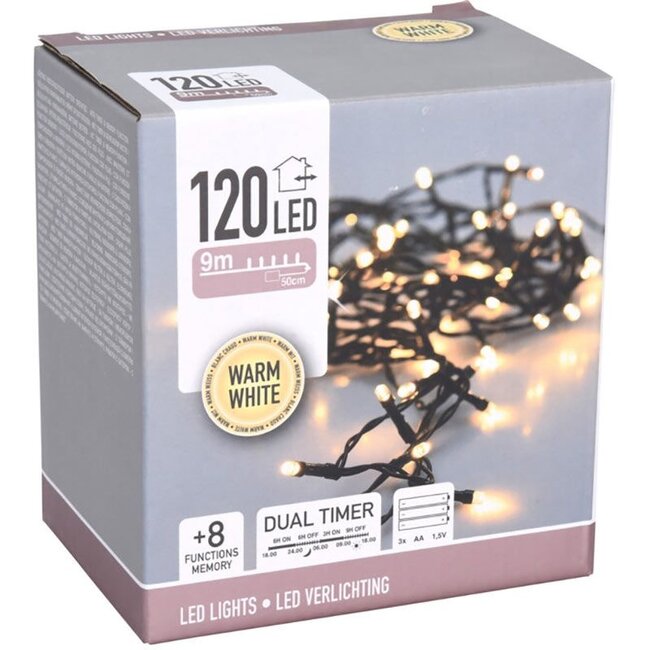 LED lighting 120 LED - 9 meters - warm white - Battery box 120 warm white - dual timer - memory and light functions