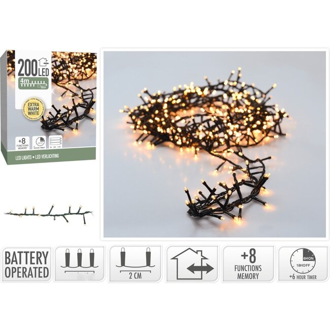 Micro-Cluster-LED-Lichterkette mit Batteriebox - 200 LEDs, 4 m, Extrawarmweiß, Lichtfunktionen, Speicher und Timer